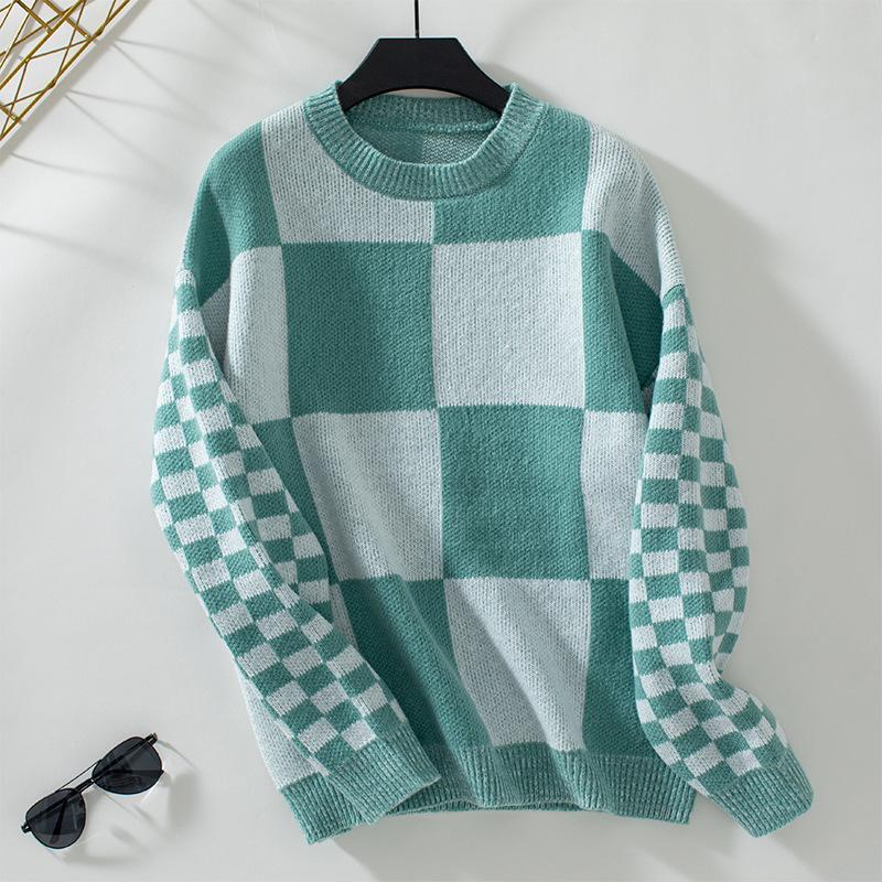 Autumn Winter Vintage Loose Long Sleeve Top Grid Pattern Cardigan Knitwear O-Neck Sweater