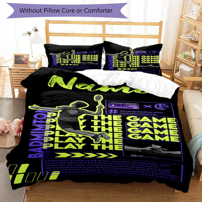 3pcs Custom Name badminton Bedding Set Duvet Cover Closure Includes 1 Duvet Cover & 2 Pillowcases, Soft and Comfortable for All Seasons.