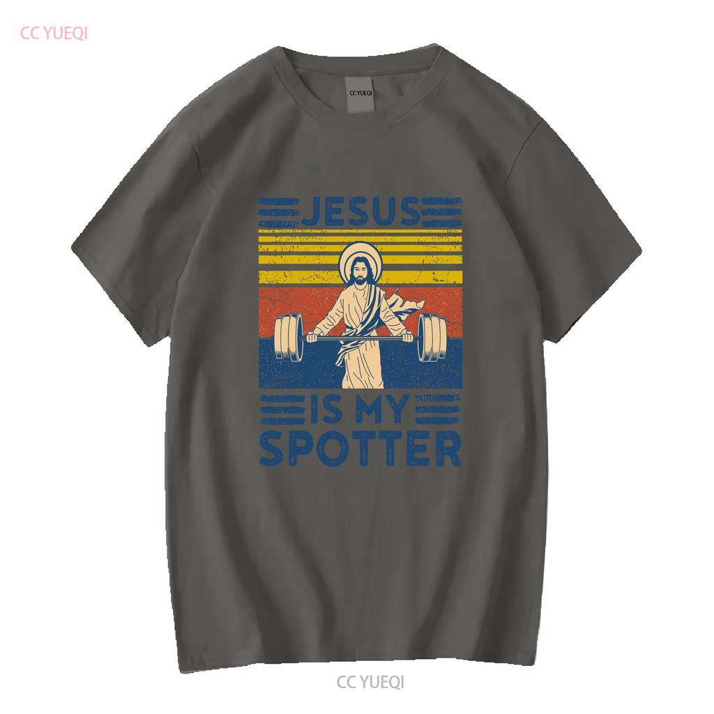 Rare New Funny Gym T Shirt Jesus Is My Spotter Workout vintage Washed fashion Breathable Casual Soft designer clothes