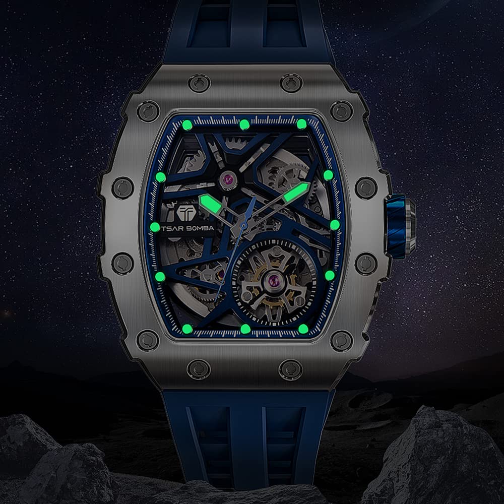 Часы TSAR BOMBA Business 50M Водонепроницаемые скелетонированные часы Стильные наручные часы из нержавеющей стали с циферблатом-бочкой для мужчин Светящийся японский механизм синего цвета