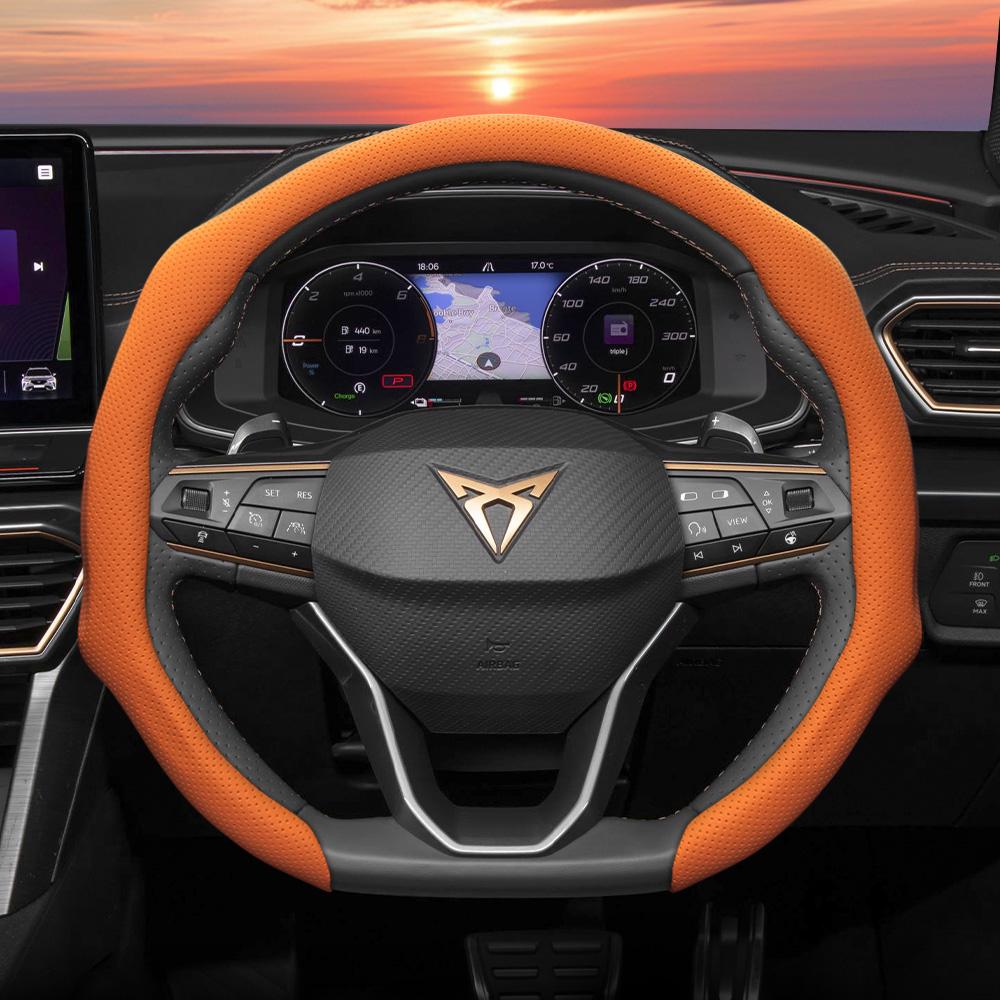 zkfan8 Suitable for Cupra Perforated Leather Steering Wheel Cover, Non-Slip, Sweat-Absorbent, Breathable, Integrated Snap-On
