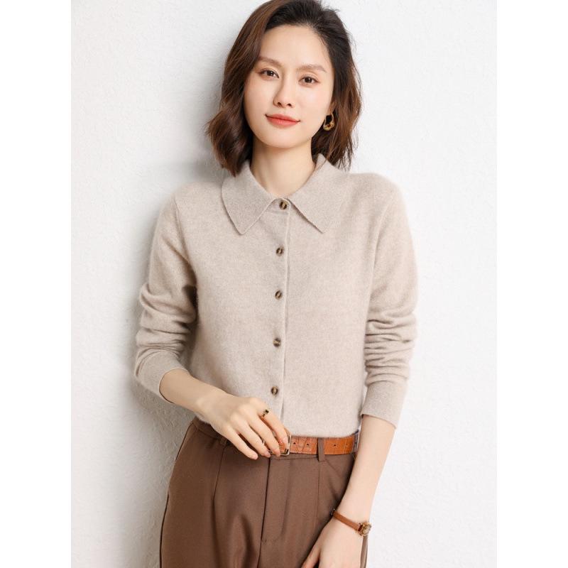 Women's Polo Collar Cashmere Cardigan - Elegant Lapel Sweater, Fashionable and Versatile Knit Top