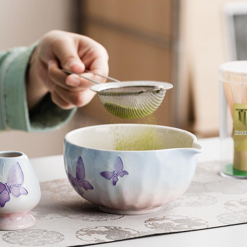 Handmade Japanese Cherry Blossom Matcha Bowl with Whisking Tool, Imitation Song Dynasty Tea Stirrer, and Hyakuhon-date Chasen Stand