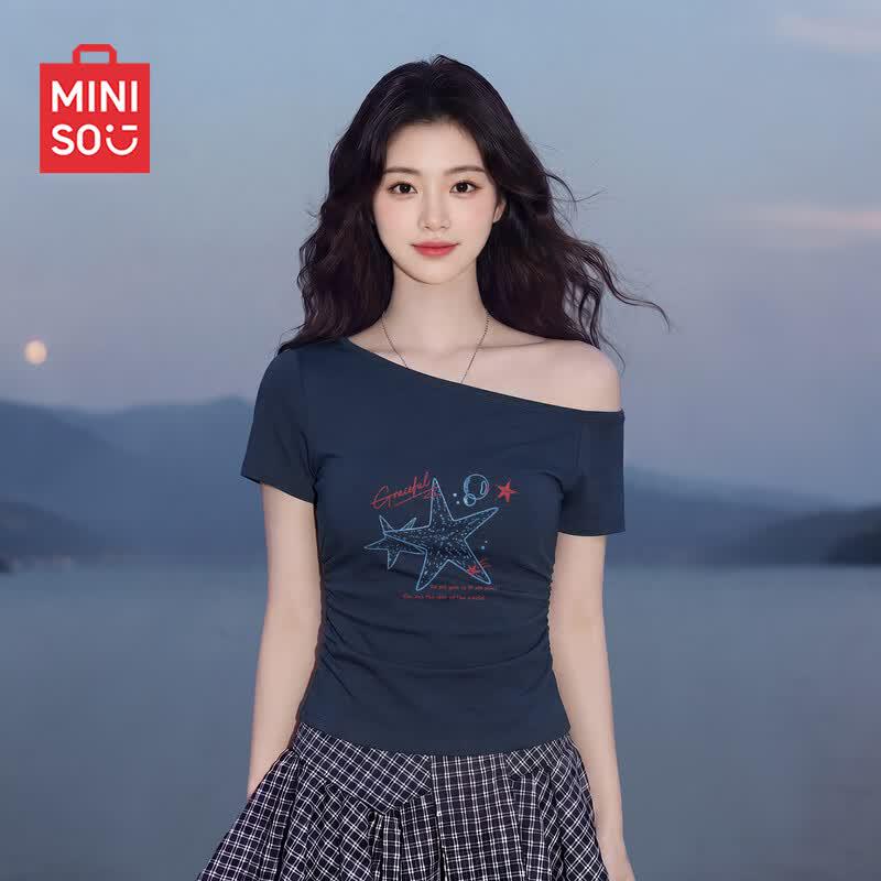MINISO Women's Slim Fit One-Shoulder Short Sleeve T-Shirt