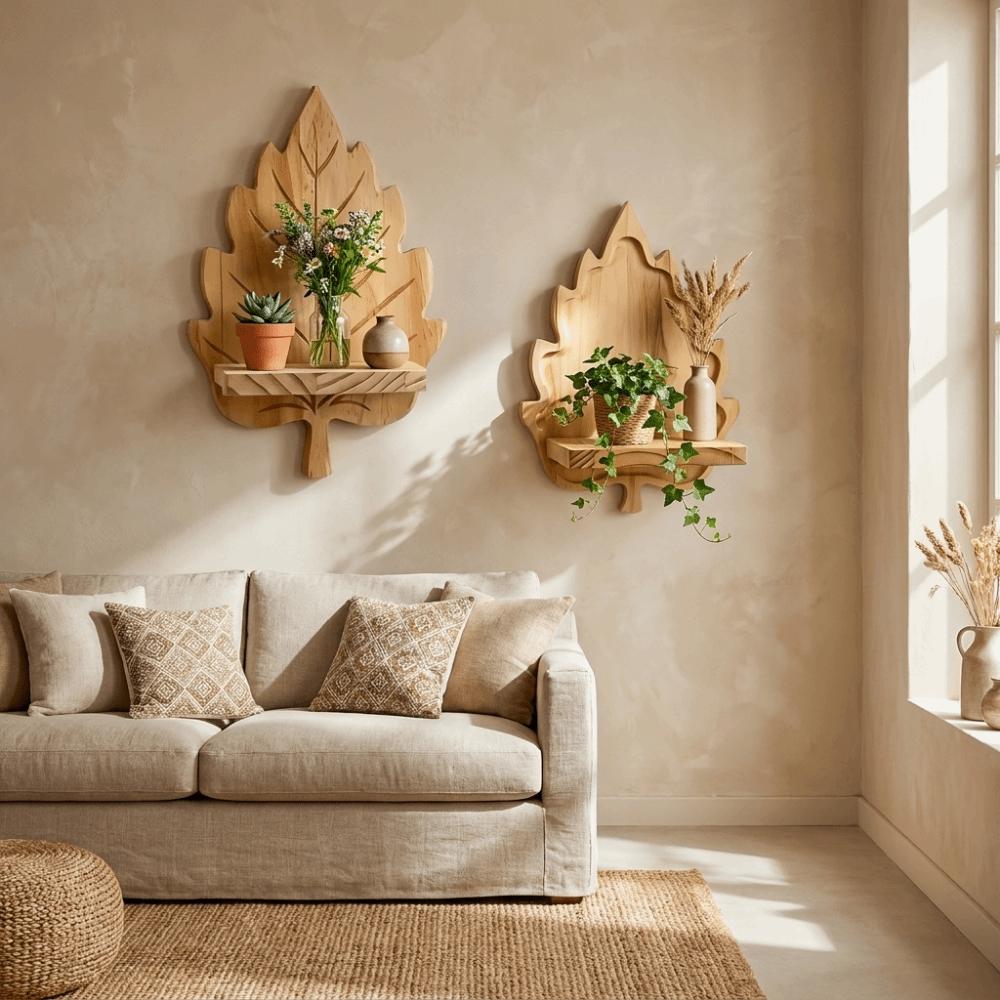 Nature Style Maple Leaf Wall Shelf Wooden Wall Mounted Leaf Shelf  for Living Room