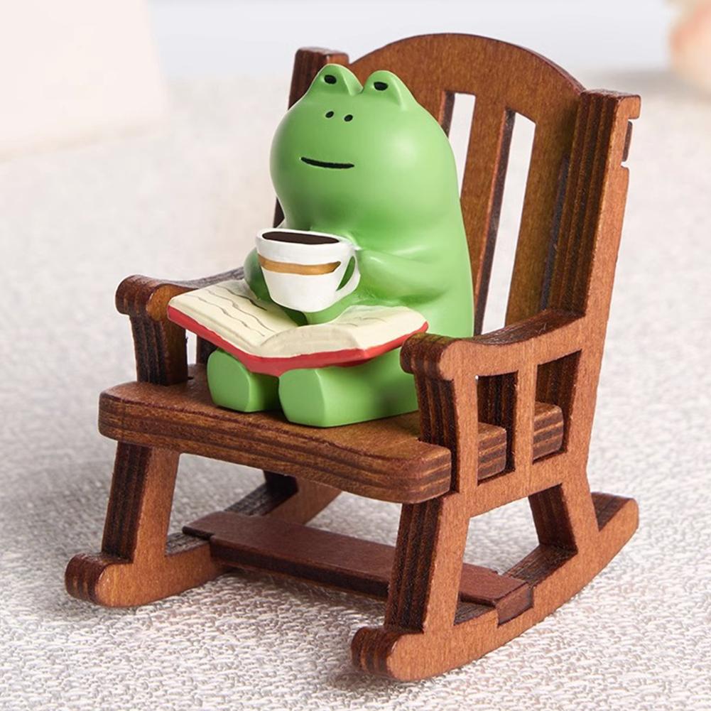 Frog Drinking Coffee Ornament Creative Funny Frog Reading Sculpture Miniature Frog Read Book Figurines for Shelf Desk Decoration