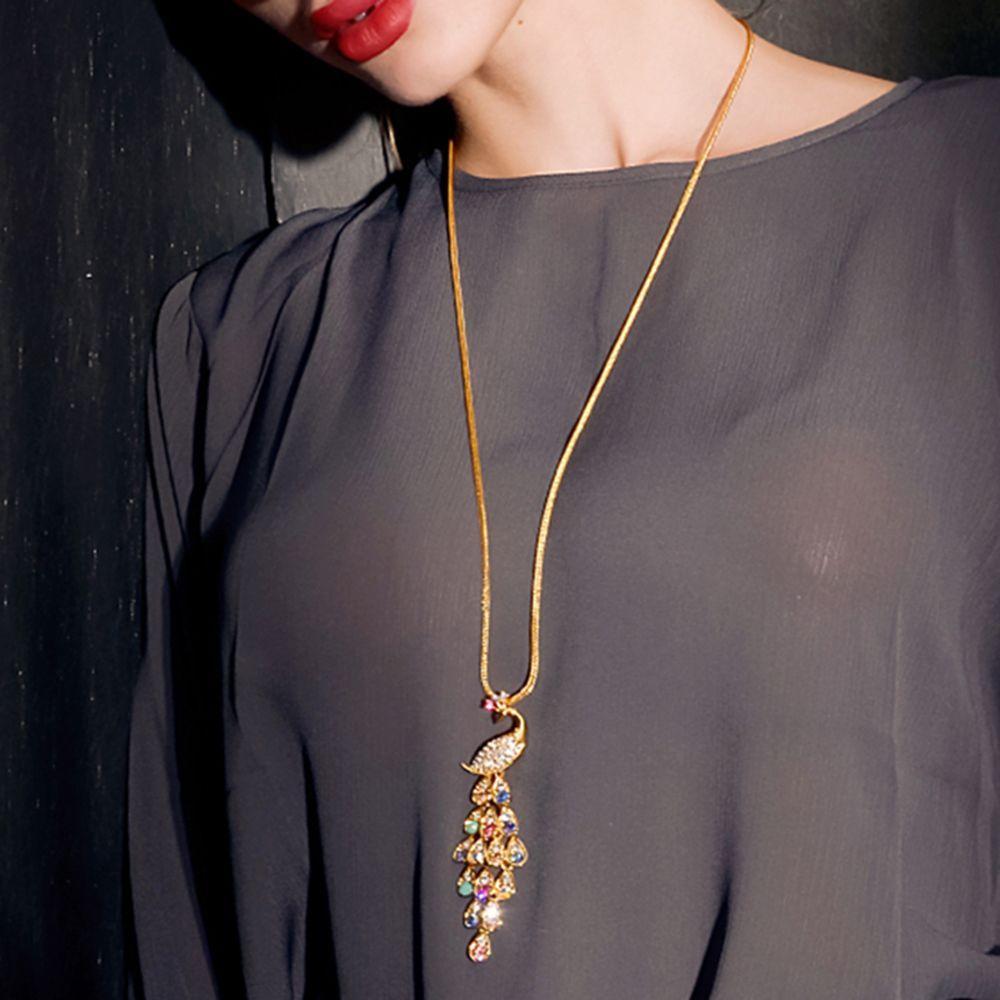 Hot Sale Special Trendy Unique New Colorful Crystal Peacock Pendants Necklaces for Women Long