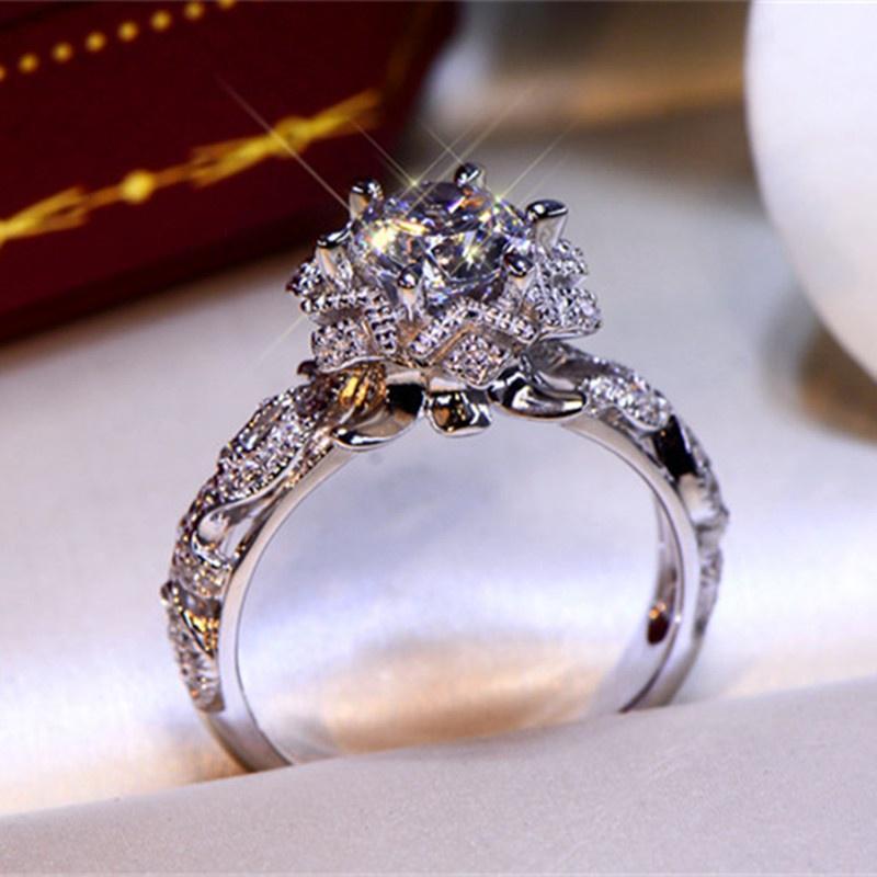 Кольцо с круглым белым камнем, винтажное, с цветочным узором, обручальное, свадебное, размер кольца 5-10 AVE