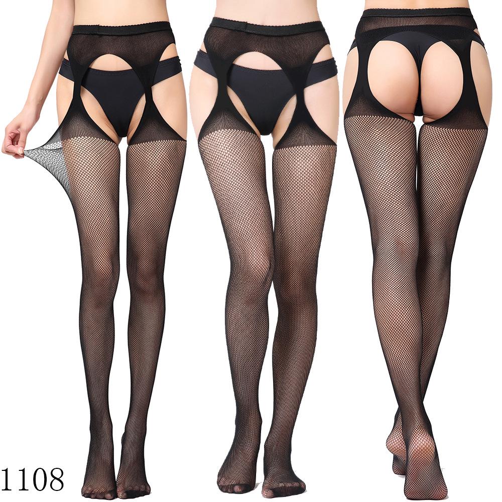 Sexy Elastic Fishnet Stockings with Garter Belt - Women's Open Crotch Fine Mesh Anti-Slip