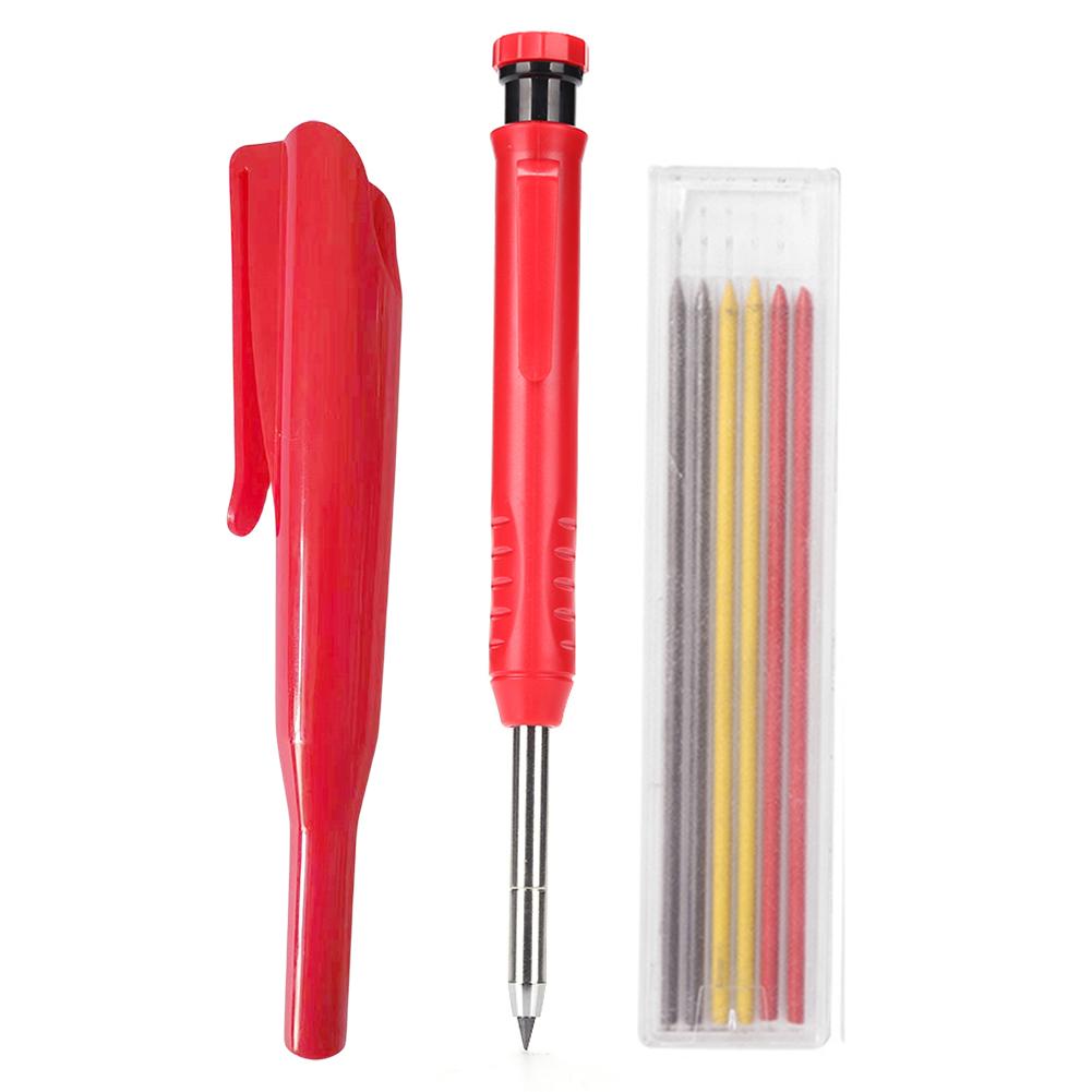 Solid Carpenter Pencil Set with 6 Refill Lead Deep Hole Marking Pencil Built-in Sharpener Ergonomic for Woodworking Architect