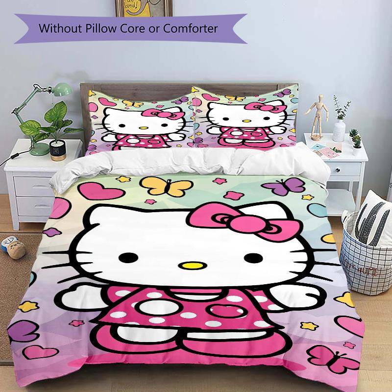 3 шт. Постельное белье Hello Kitty и Бабочка, Включает 1 пододеяльник и 2 наволочки, Без наполнителя, Мягкое и удобное для домашней спальни W033