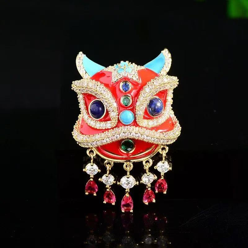 Яркая брошь-булавка 'Танцующий лев' из красной эмали, дизайн в стиле китайского традиционного народного искусства, аксессуар-значок для фестивалей и праздников