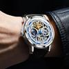 OLEVS Мужские механические автоматические и ручные модные кожаные мужские часы с кожаным скелетоном и фазами Луны, водонепроницаемые часы с подсветкой Луны для мужчин, синие