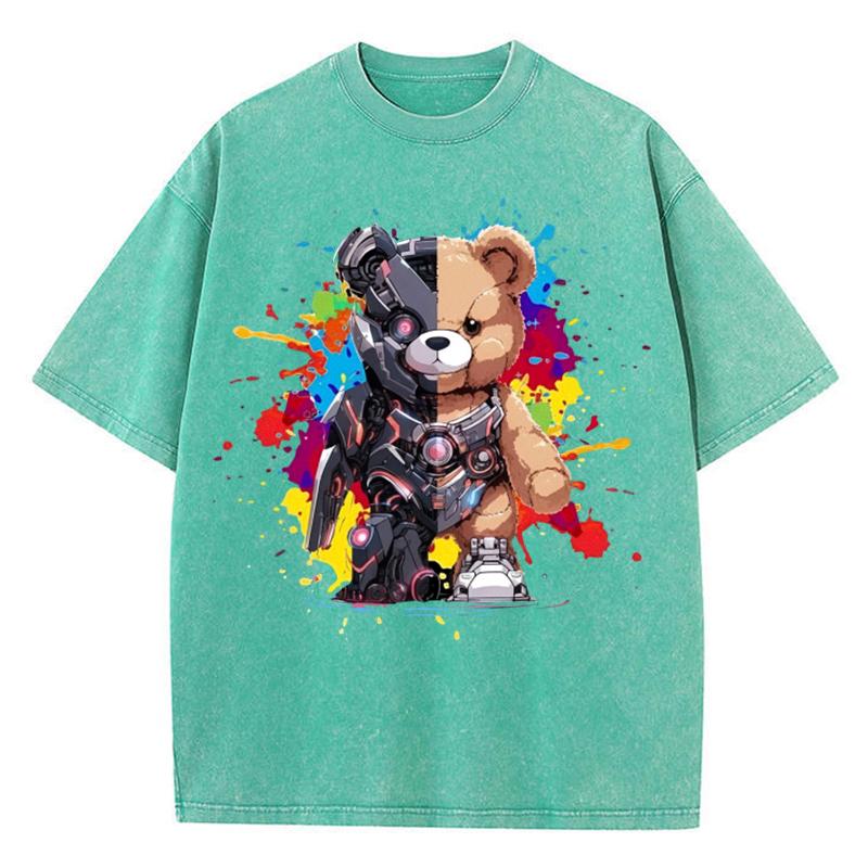 Женские хлопковые выстиранные футболки Модные свободные футболки с круглым вырезом и принтом медведя Меха-воина, с коротким рукавом, женская одежда
