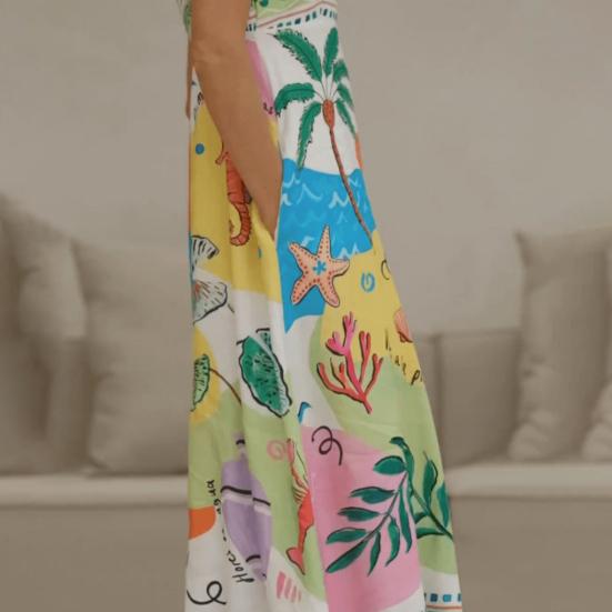 Летнее пляжное платье макси на тонких бретелях без рукавов с открытой спиной и мультяшным принтом, свободные боковые карманы, платье-комбинация трапециевидной формы с большим подолом, отпускной сарафан