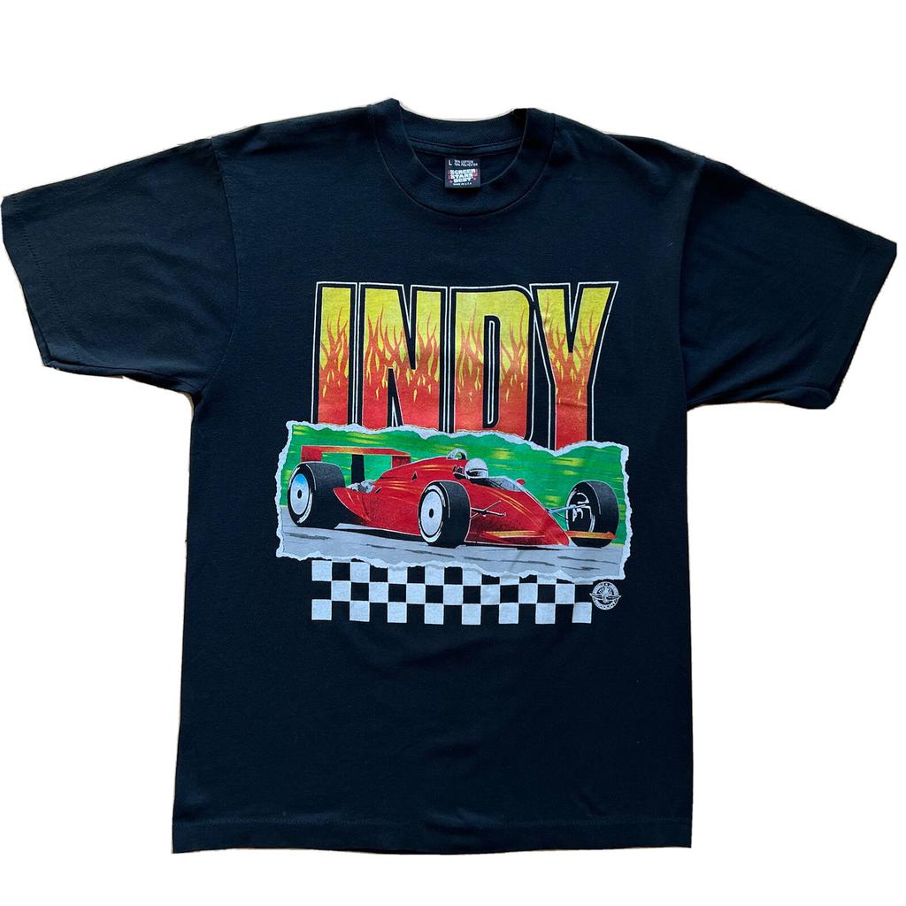 Vintage Indy 500 Racing Shirt L Black 80s Screen Stars Flames Race Car Nascar