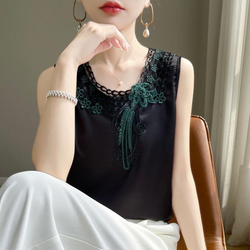 Брендовые кружевные топы-камисоль для женщин носят свободные атласные топы без рукавов с весенним и осенним низом летом