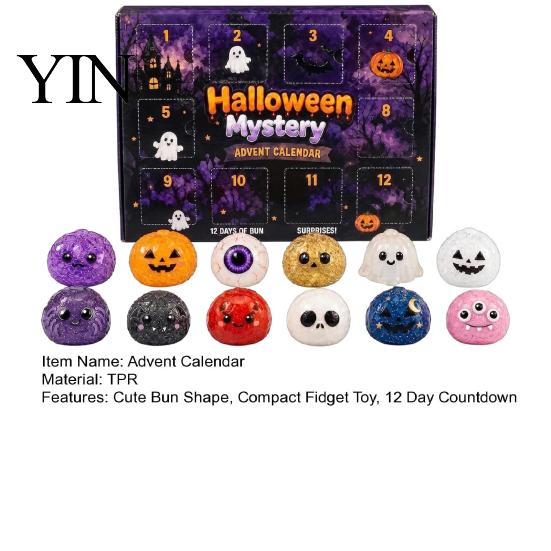Desktop Stress Toys Halloween Advent Calendar, 12 Day Countdown with Soft Bun Squeeze TPR Sensory Toys, Includes Ghost Pumpkin Fidget for Relief