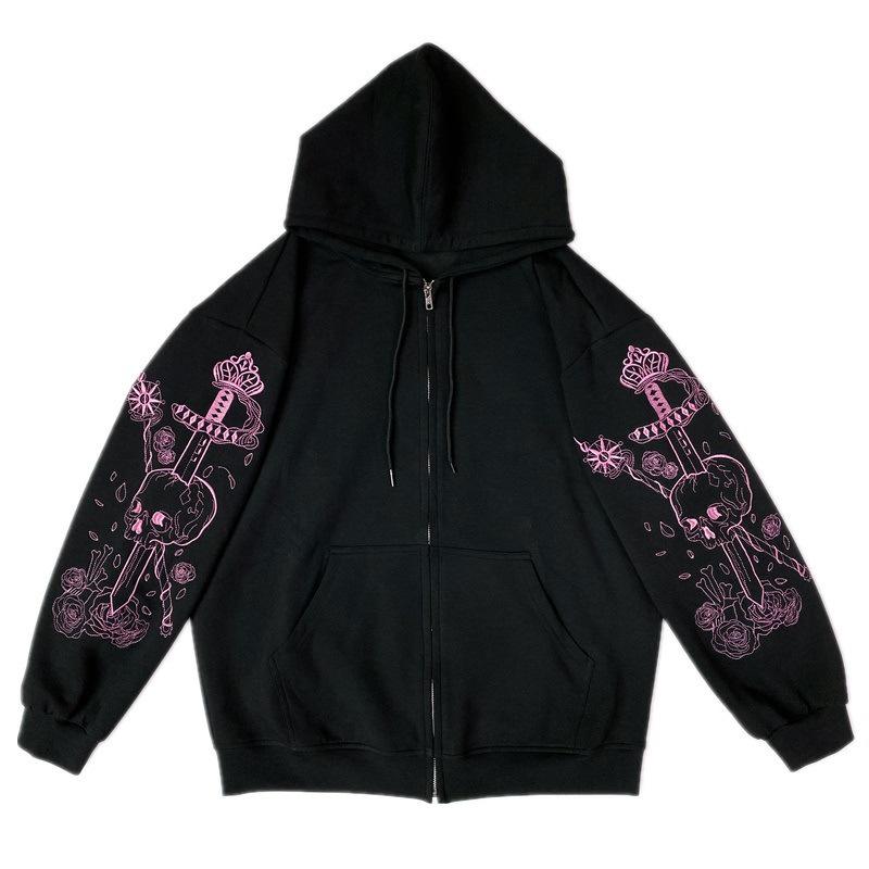 Retro Black Printed Zipper Hoodie: Women's Korean, European, & American Style Sweatshirt