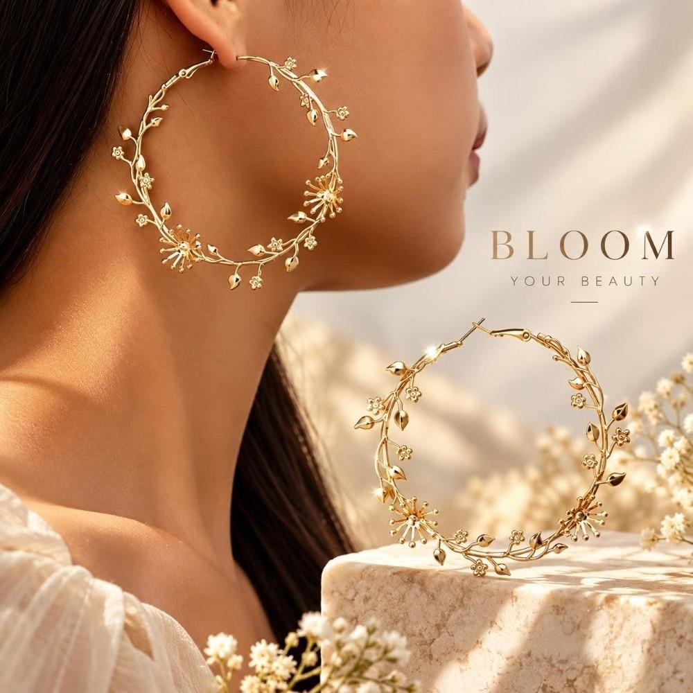 1 Pair Gold Plated Rose Flower Hoop Earring Metal Stud Hoop Earring Women's Fashion Accessory