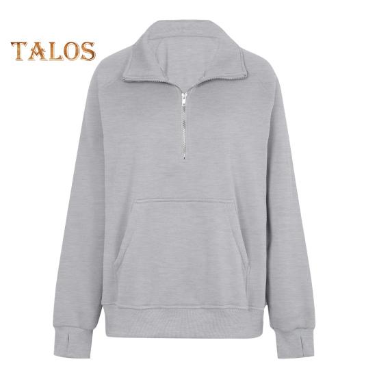 Женская толстовка осень-зима с застежкой-молнией на лацкане, с длинным рукавом и передним карманом, пуловер, однотонный свободный спортивный свитшот