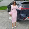 2024 Autumn Feather-Trimmed Square Collar High Waist Dress for Women