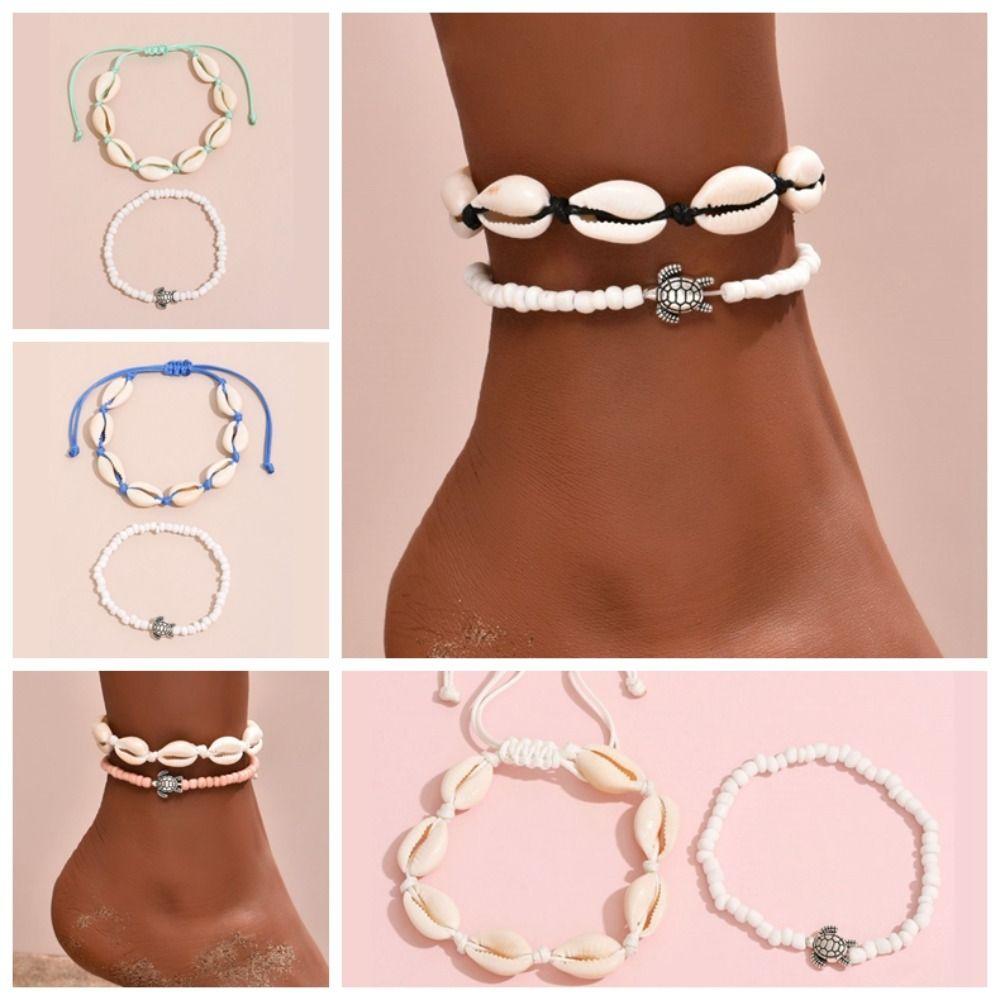 2PCS Shell Rice Beads Anklets Set Braided Rope Fashion Girl