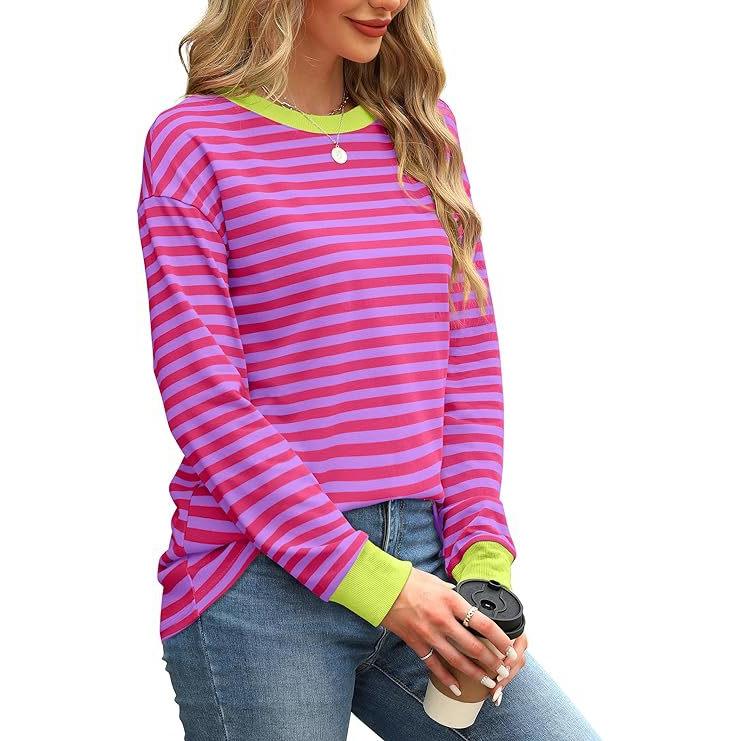 Женская нижняя рубашка осень-зима новая мода контрастного цвета свободный круглый вырез полосатый топ с длинными рукавами