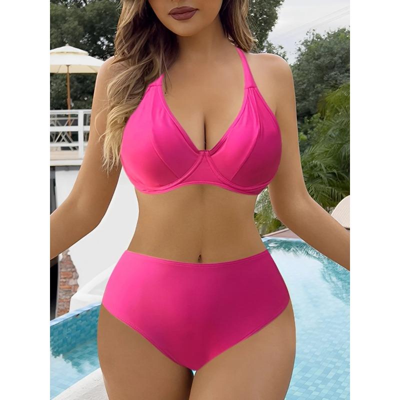 2025 Push Up Halter String Solid Two Piece Bikini Women Swimwear Female Swimsuit Bathers Bathing Swimming Suit Beachwear Summer