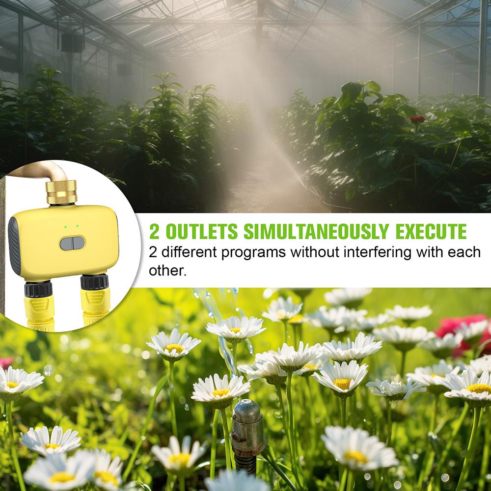 2 Outlets Bluetooth Garden Water Timer IP55 Waterproof Multi-Functional Automatic Irrigation Timer Rain Delay Manual Auto Mode