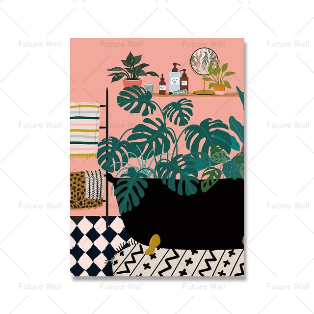 Тропические растения. Растения для ванной комнаты. Скандинавский плакат. Богемное украшение с зелеными листьями.