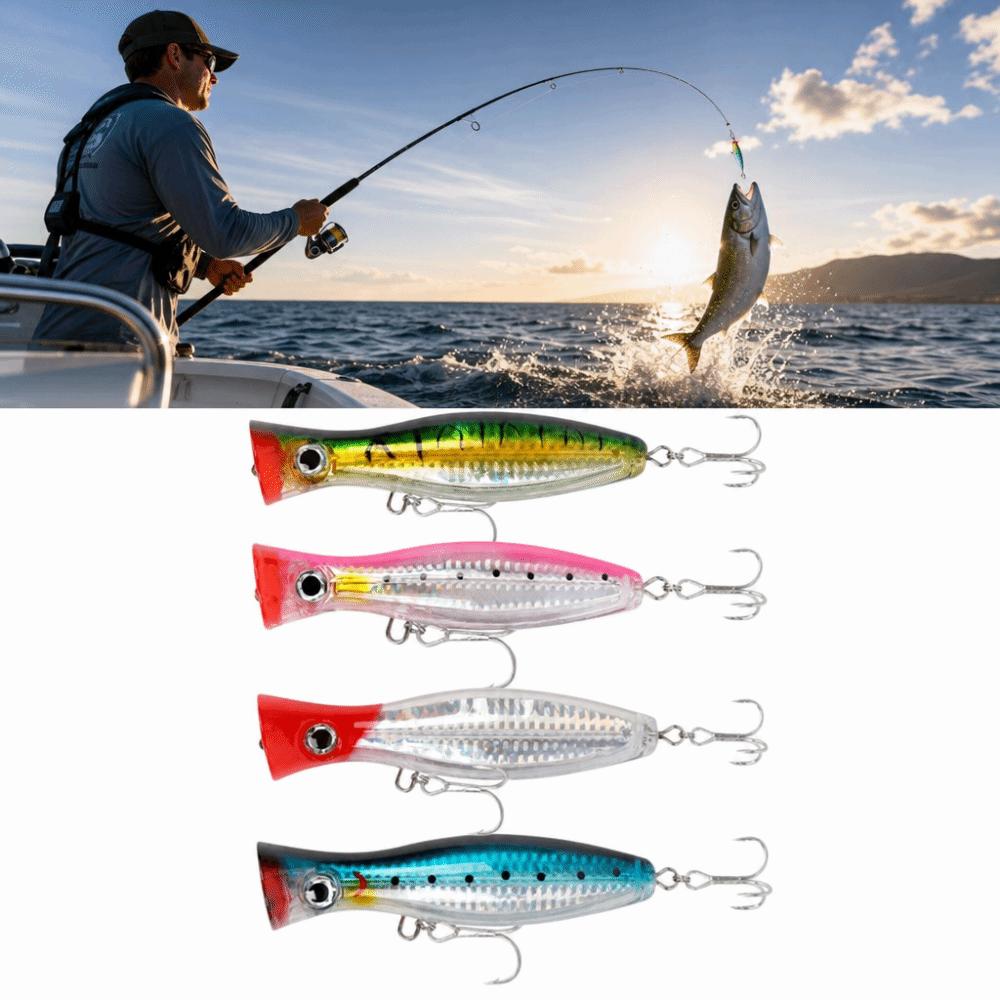 4PCS with 3D Eyes Top Water Popper Lure 12cm 43g Large Popper Seal Lure Freshwater Fishing