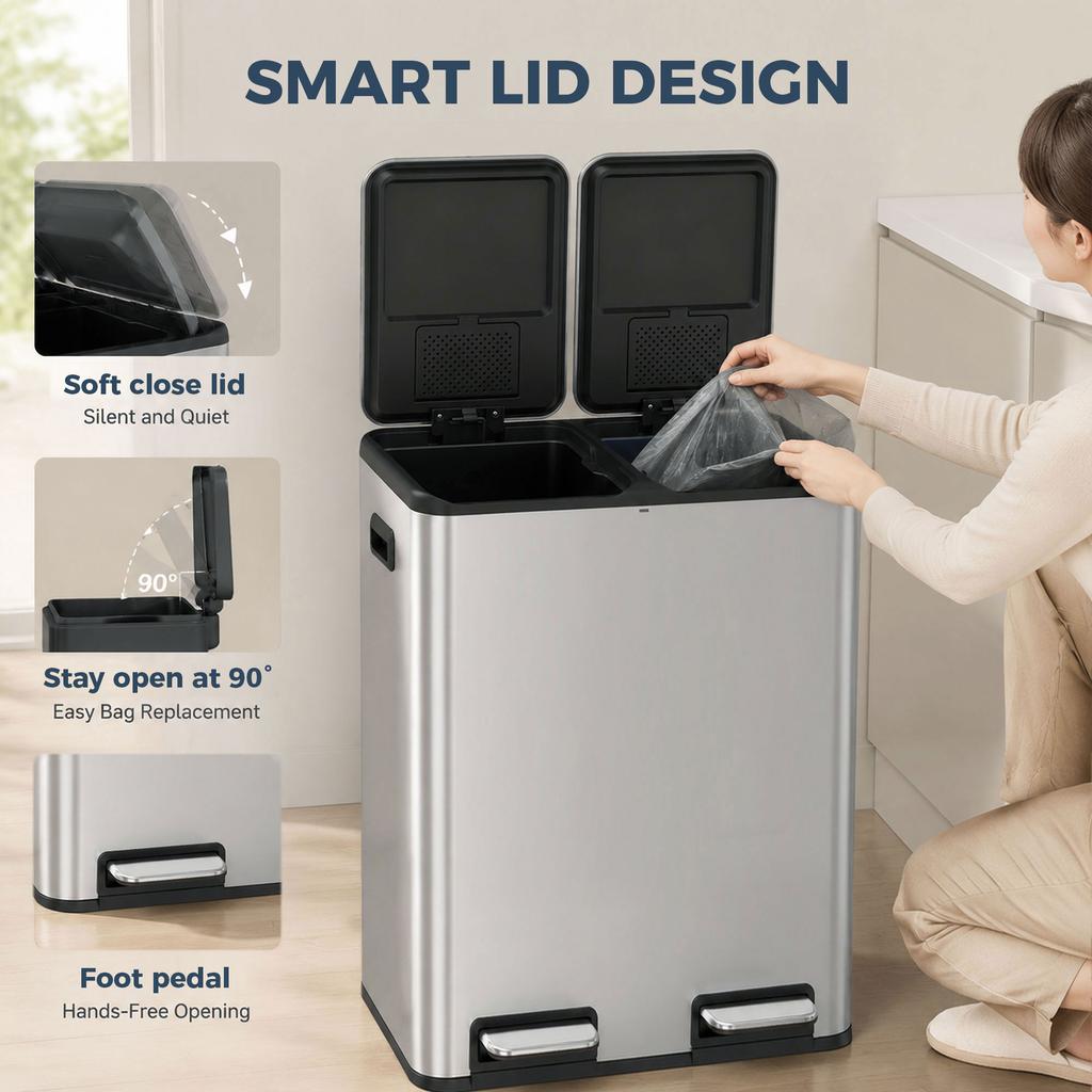 2 x 30L Double Kitchen Bin, Stainless Steel Pedal Rubbish Bin with Dual Compartments, Soft Close Lids, Silver Tone