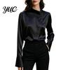 Button Front Business Casual Shirt Women Satin Blouse, Skew Collar Long Sleeve Shirt, Smooth Office Breathable Polyester Tops with Down, Commuting for