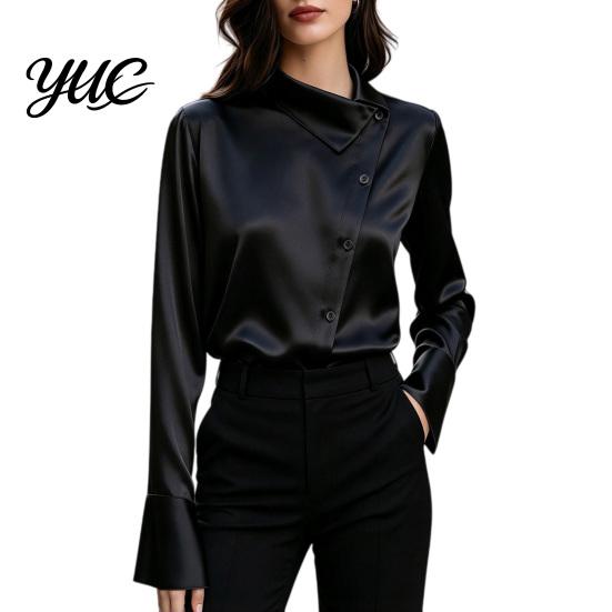 Button Front Business Casual Shirt Women Satin Blouse, Skew Collar Long Sleeve Shirt, Smooth Office Breathable Polyester Tops with Down, Commuting for