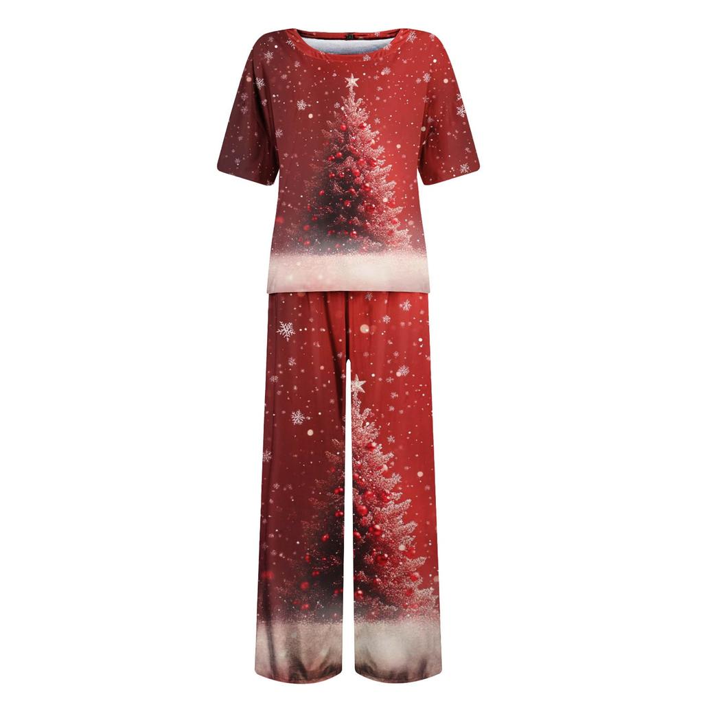 Женский шелковый атласный пижамный комплект с рождественским принтом, рубашка с коротким рукавом и длинные пижамные штаны, мягкая домашняя одежда