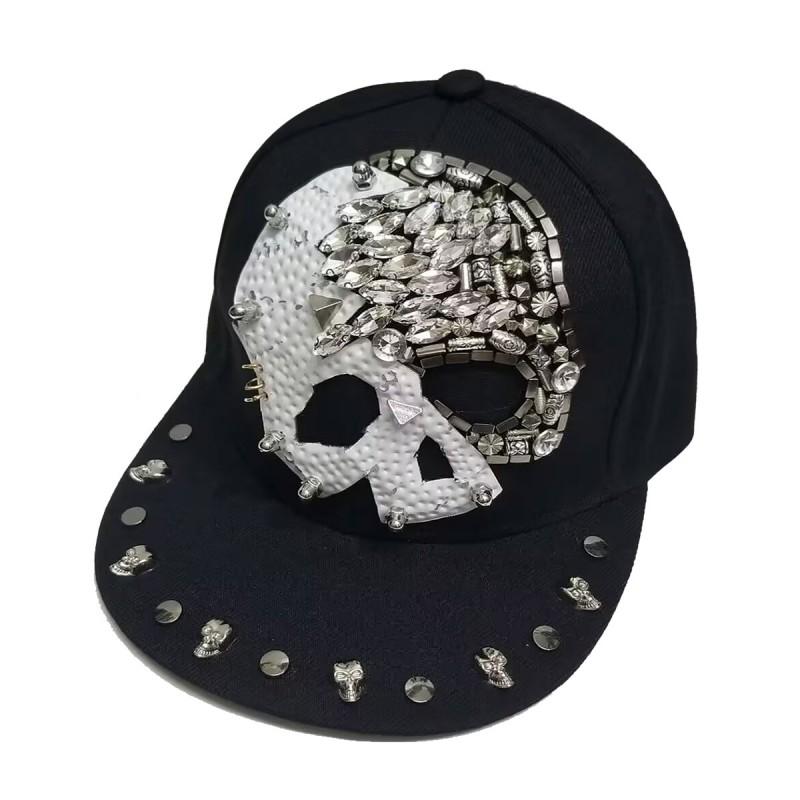 Unisex Punk Skull Baseball Cap With Rhinestone Studs Hip Hop Flat Brim Hat Streetwear Dance