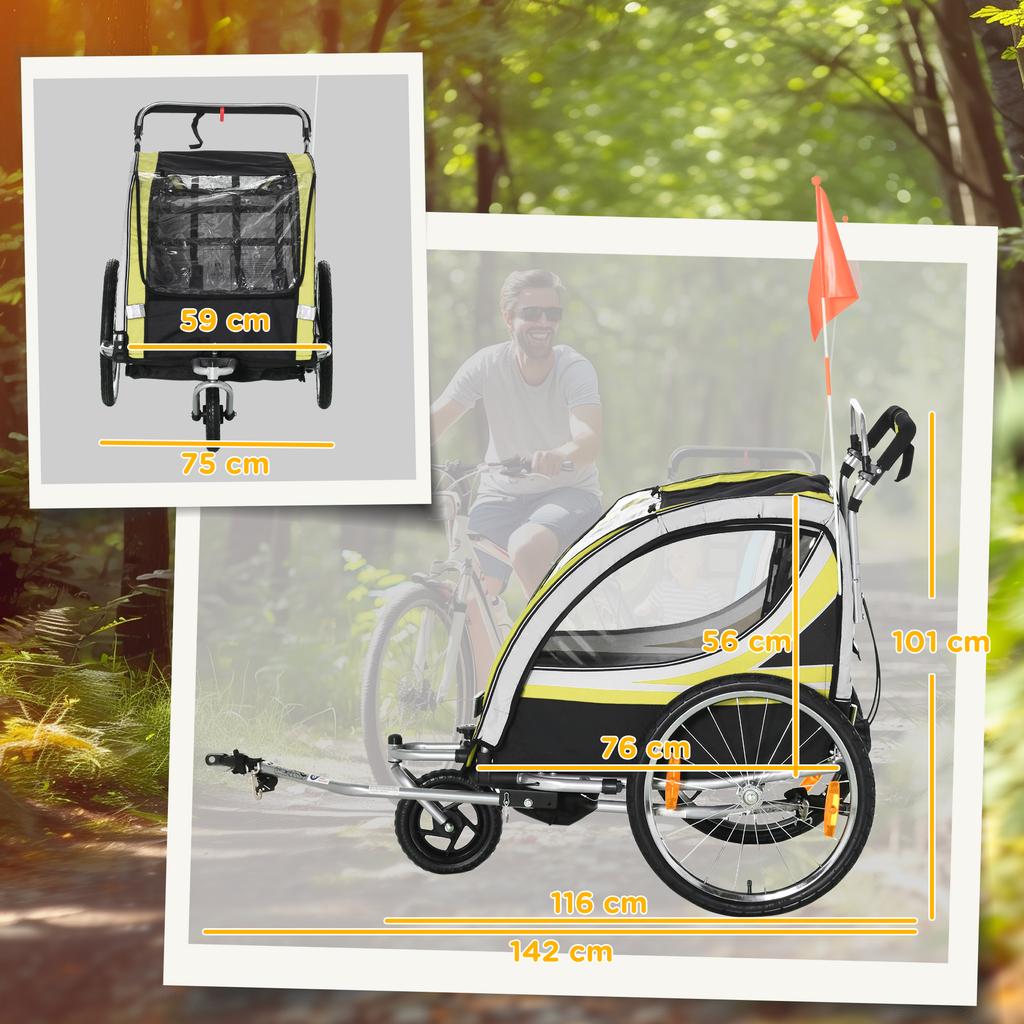 Kids Bike Trailer and Stroller, 2-in-1 Design with Brake, 5-Point Harness, Bicycle Trailer with Side Pockets, Reflectors and Flag, Yellow