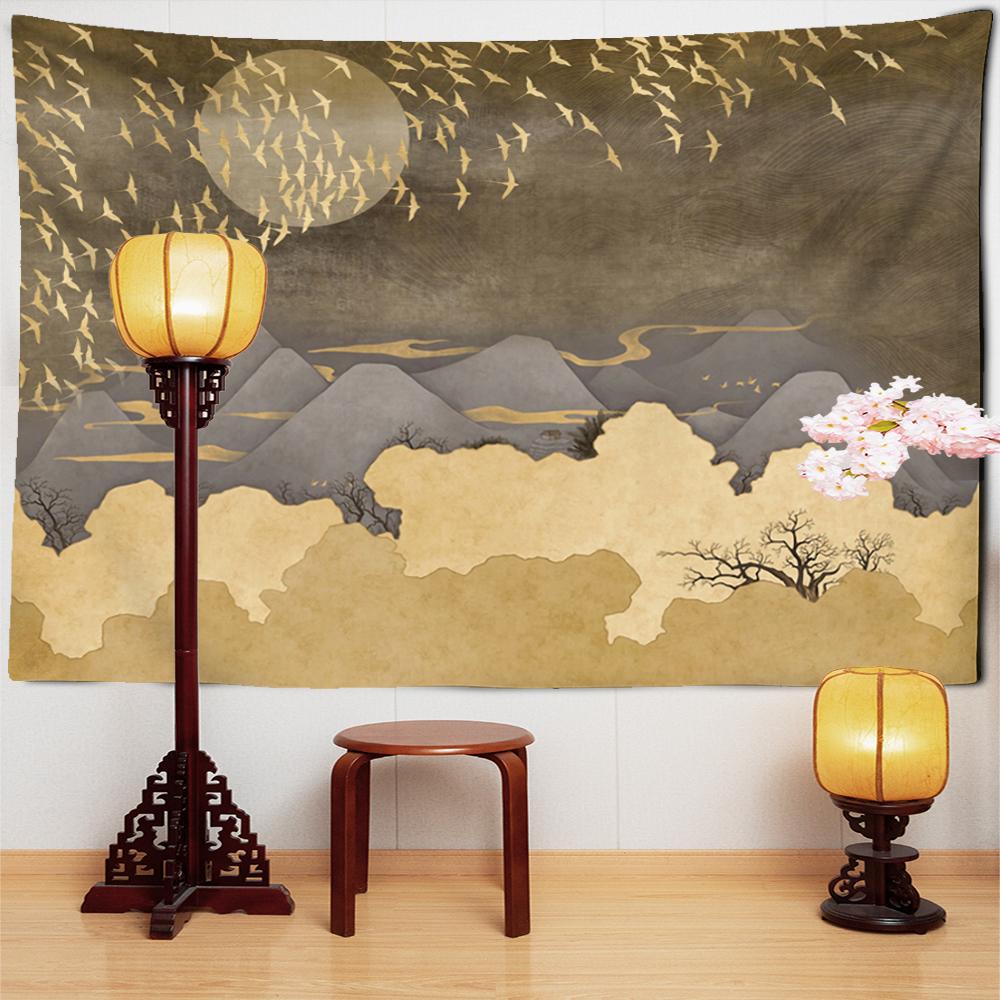 Горы Солнце Луна пейзажный принт гобелен перелетные птицы летают настенный гобелен макраме настенный домашний художественный декор