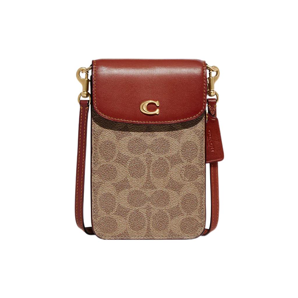 New COACH Canvas With Calfskin Cell Phone Pouch, Shoulder Bag, Crossbody Bag Mini Women's Brown & Dark Rosewood CJ355-B4NQ4