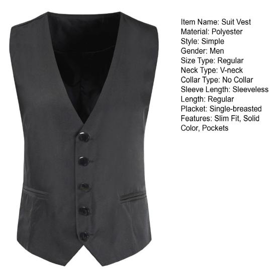 Мужской жилет с V-образным вырезом без рукавов однобортный пиджак однотонный дизайн карманов