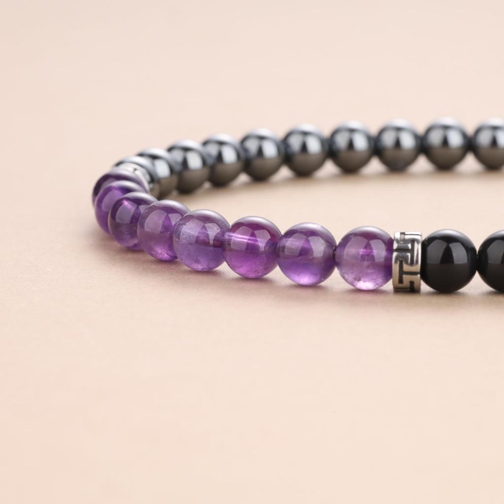[GAVU] 6mm Triple Protection Bracelet, Men's Crystal Bracelet, Hematite Obsidian Amethyst Bracelet for Men