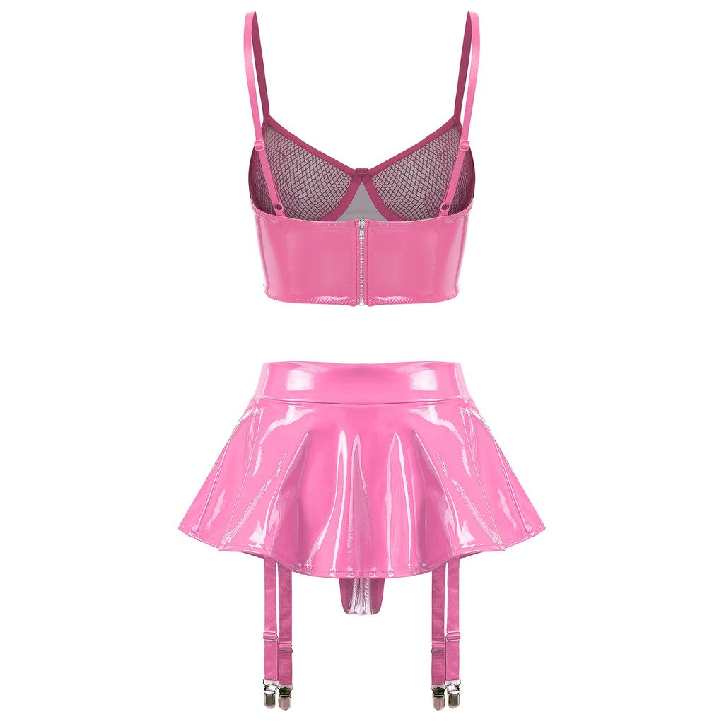 Womens Two Piece Patent Leather Lingerie Set Mesh Underwire Bra Ruffle Miniskirt Garter Belt Clubwear
