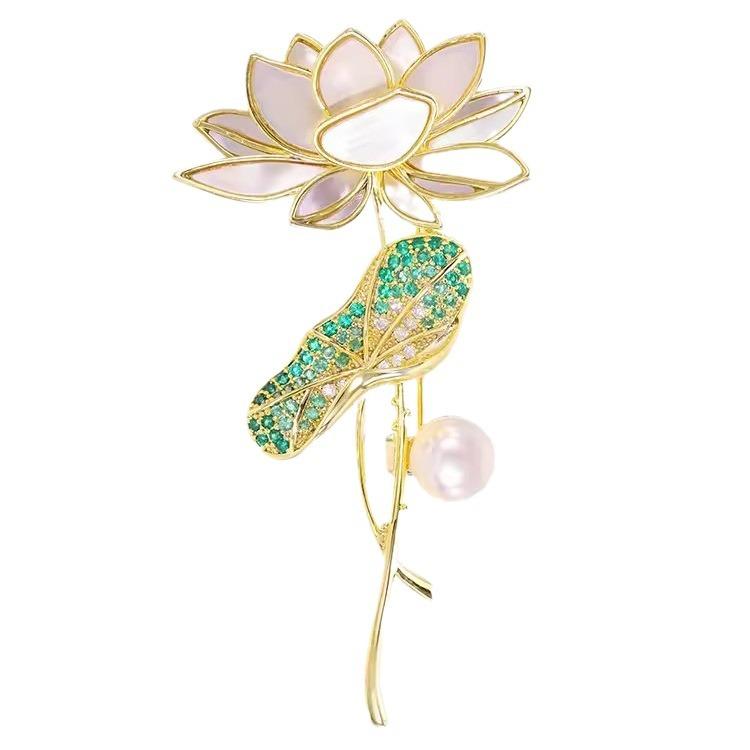 Брошь в виде лунного света в национальном стиле «Лотосовый пруд» с имитацией женственности, жемчуга «Рябчик», лист лотоса, булавка в виде лотоса, нежный костюм, аксессуары для корсажа