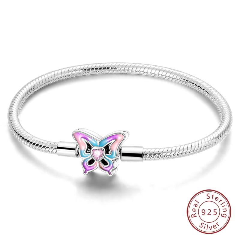 Браслеты из серебра 925 пробы 'Навсегда Любовь' Персиковое Сердце, Звезда, Луна, Самолет, Земля для Женщин, Подходят для DIY Шармов, Вечерние Украшения