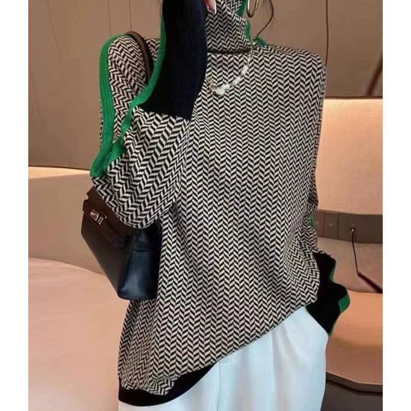 Geometric Pattern Knit Sweater With Color Block Edges For Women Fall