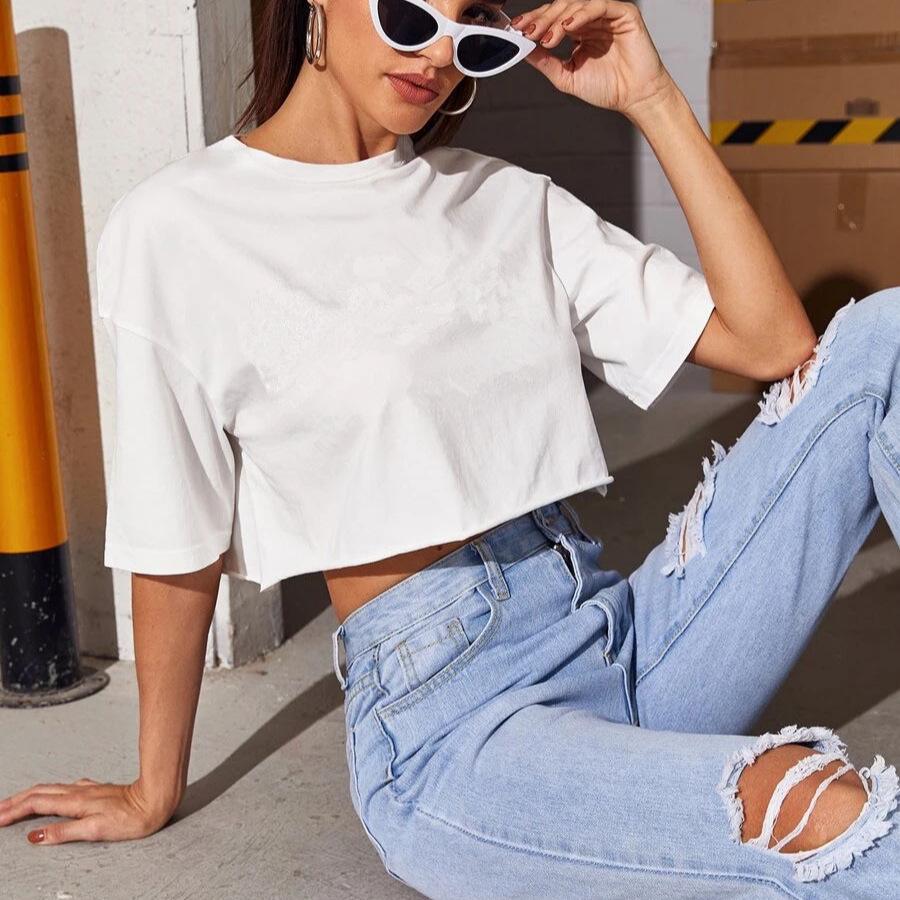 Женская однотонная футболка с коротким рукавом, свободного кроя, с круглым вырезом