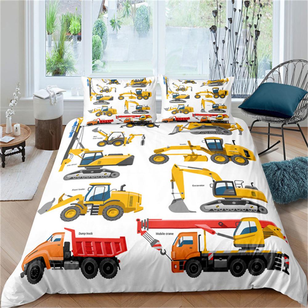 Comforter 2/3Pcs Simple Cartoons Car Bedding Set High Quality Child Excavator Crane Twin Single Full Queen King Size