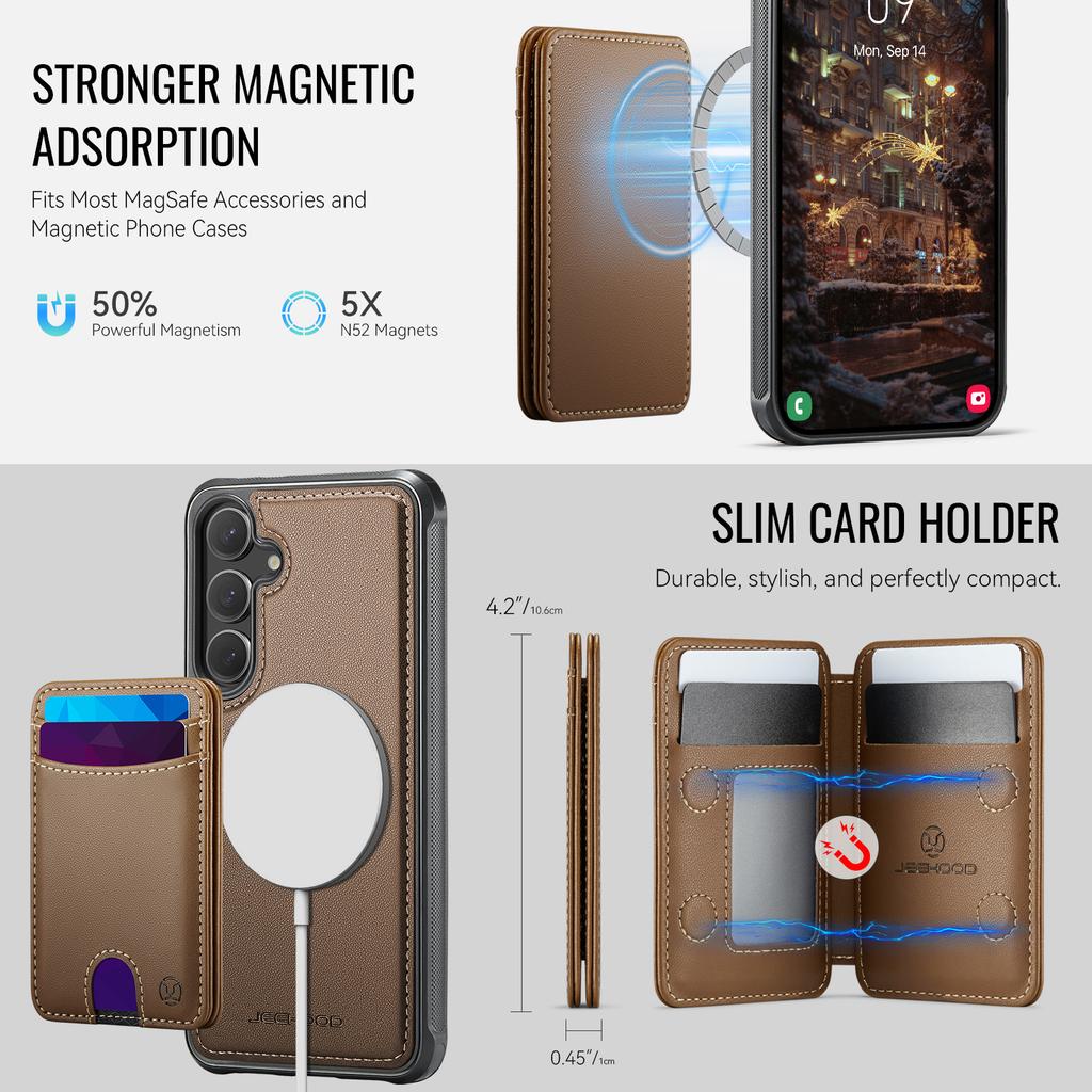 For Samsung Galaxy S26 Magnetic Case JEEHOOD J10 Leather Back Phone Cover with Detachable Card Holder Kickstand
