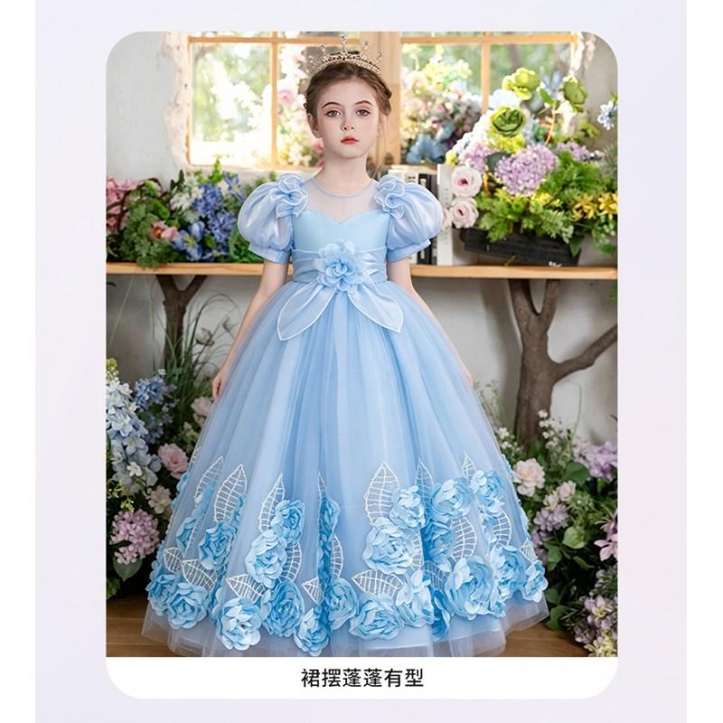Girls Long Puff Sleeve Tulle Princess Dress Wedding Party